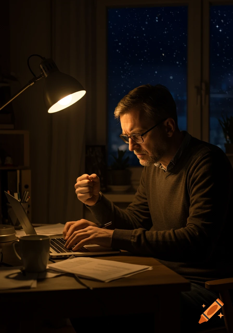 A grumpy man with glasses works intensely on a laptop at a dimly lit desk, illuminated by a lamp at night.