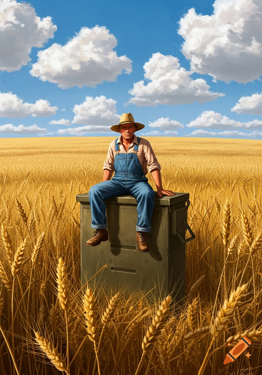 A farmer in a straw hat and overalls sits on a green box in a golden wheat field under a blue sky, illustrative.