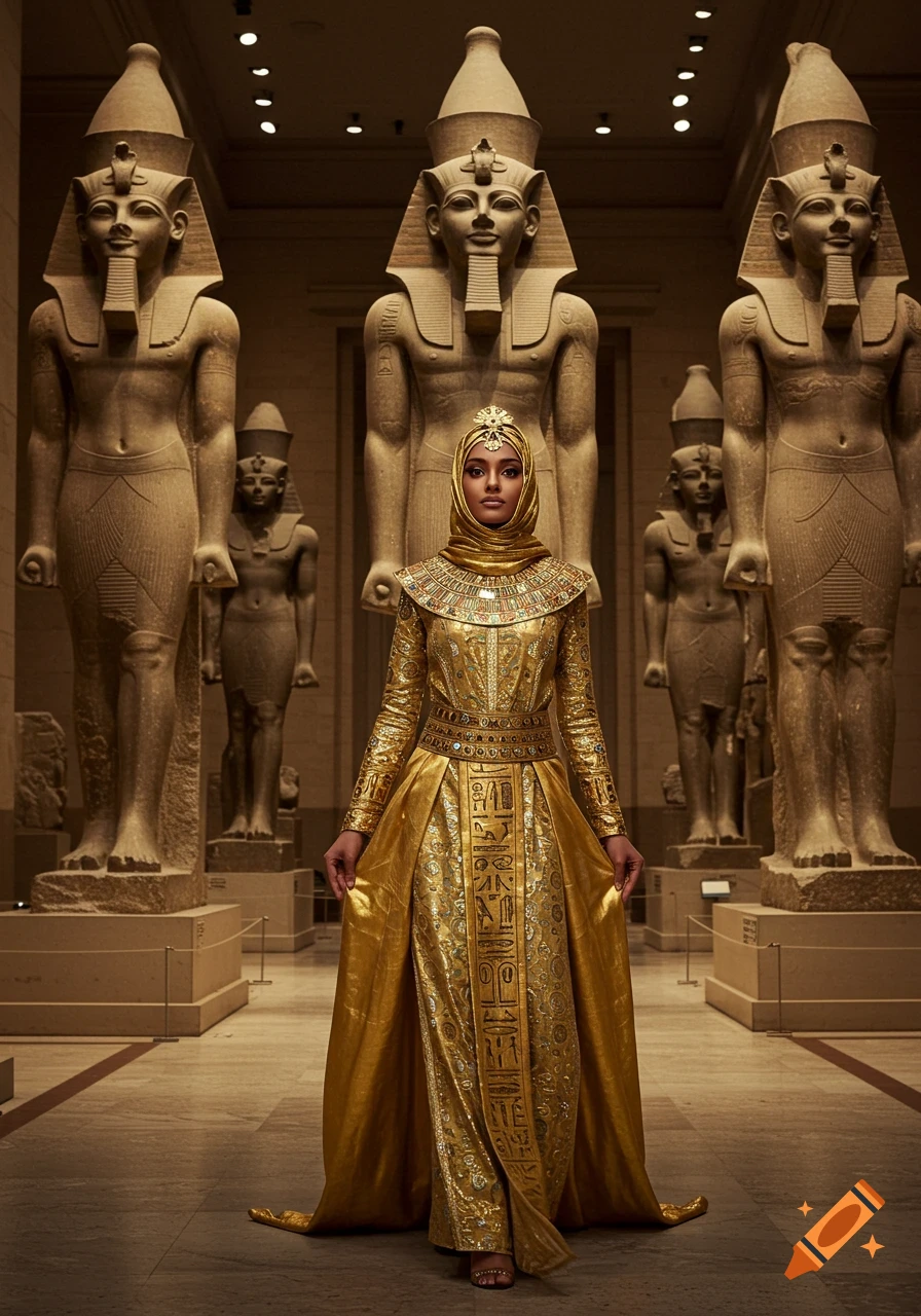 A hijabi woman in a luxurious golden ancient Egyptian-style dress stands among large pharaonic statues in a museum, photorealistic.