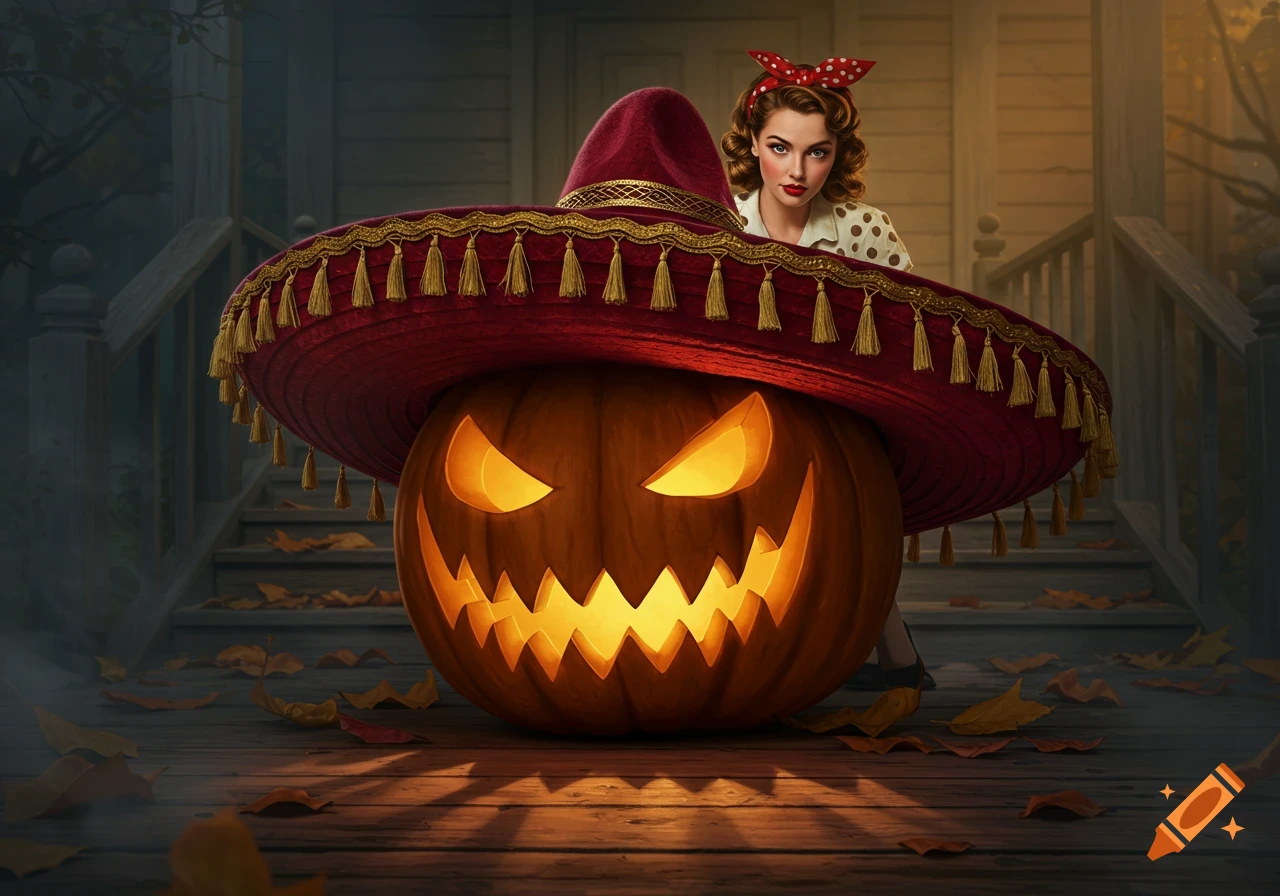 A jack-o'-lantern wearing a red sombrero with a retro-styled woman peeking from behind, on a spooky porch with autumn leaves.