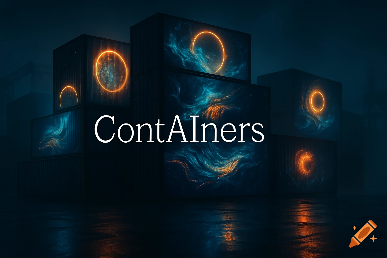 Stacked shipping containers displaying glowing blue and orange abstract ...