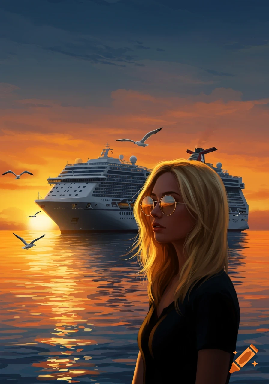 Blonde woman in sunglasses gazes at a cruise ship on the ocean at ...