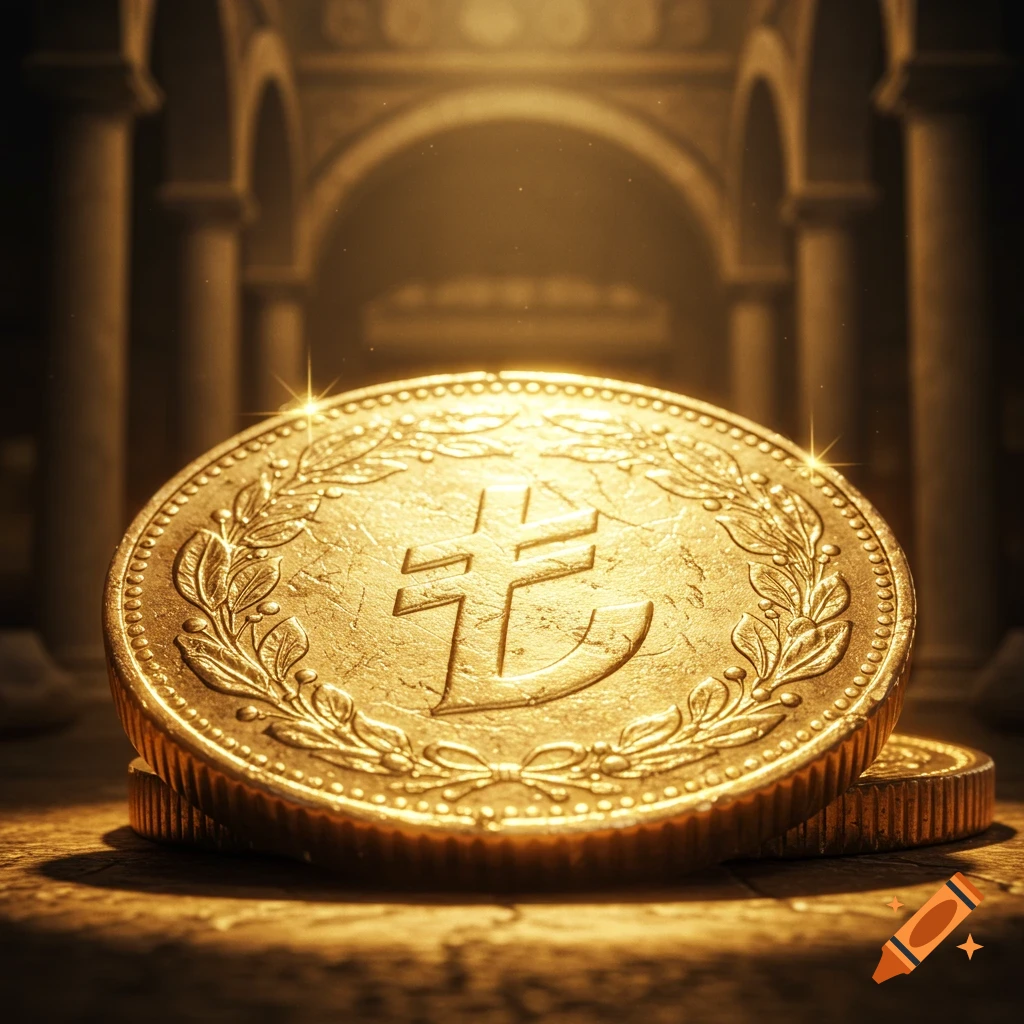 A close-up of a shiny gold coin with a stylized lira symbol and laurel wreath in an arched, ancient hall.