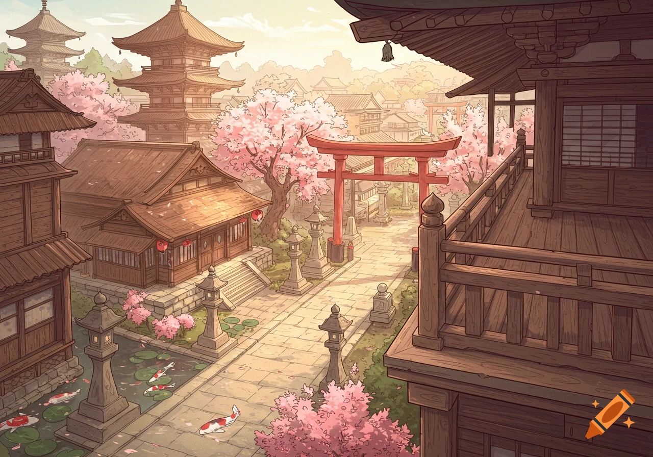 Hand-drawn Japanese village with traditional buildings, cherry blossoms, red torii gate, and koi pond.
