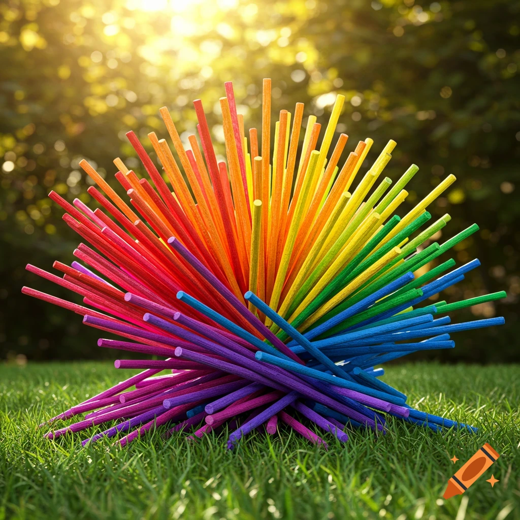 A vibrant, spiky sphere made of rainbow-colored wooden sticks sits on green grass under bright sunlight.