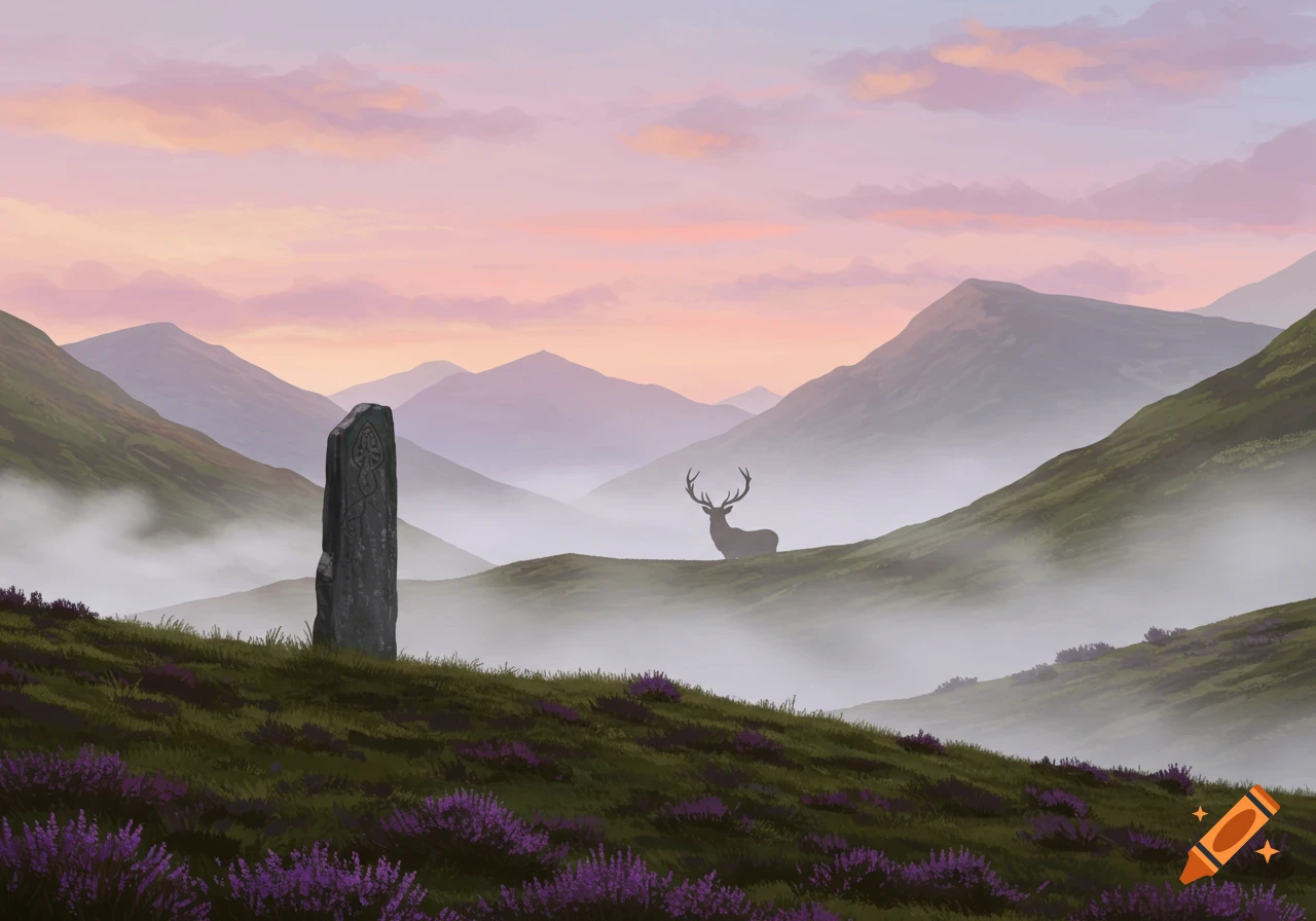 A misty mountain landscape at sunrise with a tall standing stone and a deer silhouette in the distance.