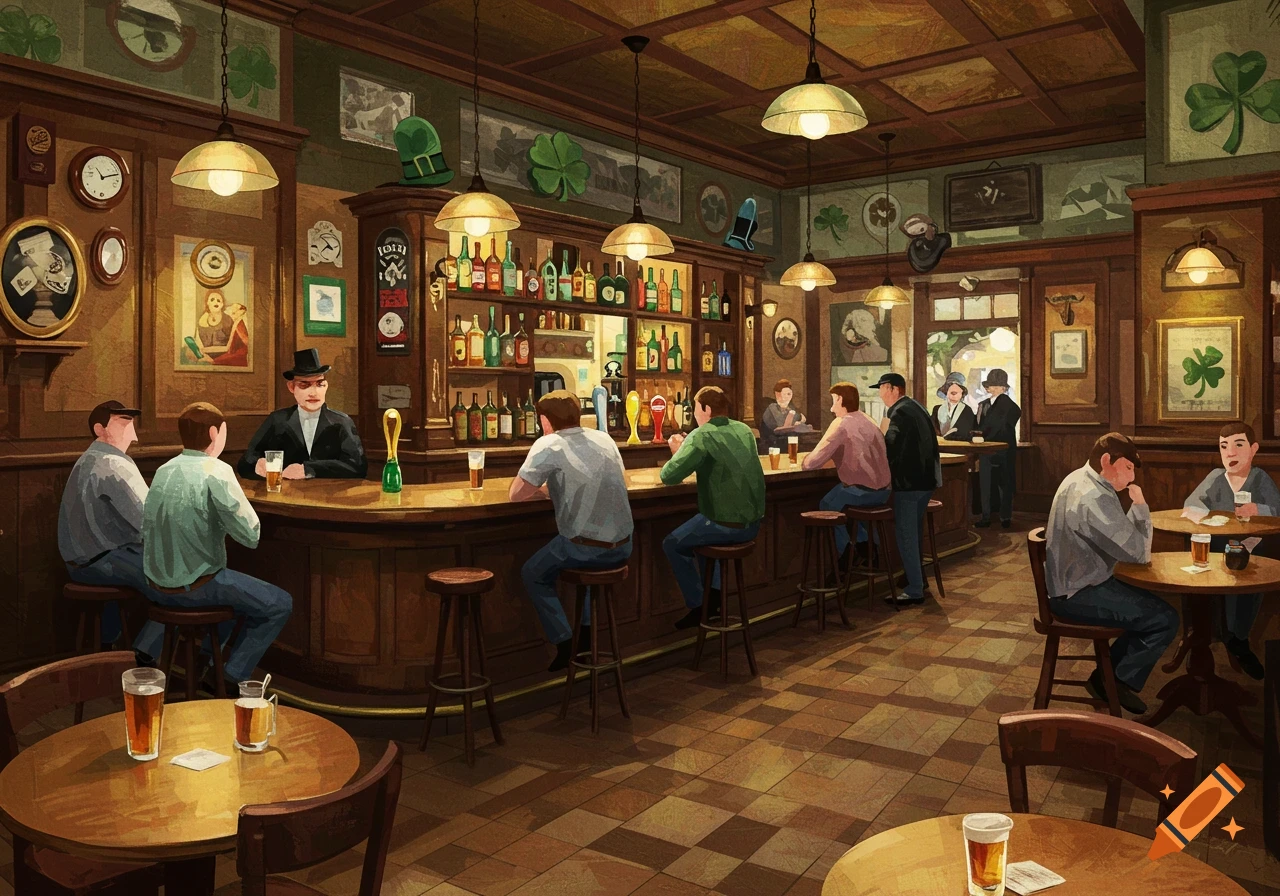 A stylized painting of a bustling Irish pub interior with many patrons sitting at the bar and tables, depicted in a painterly style reminiscent of Picasso.