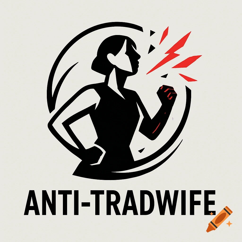 Stylized black and red logo of a woman with a clenched fist, against a white background, with text 'ANTI-TRADWIFE'.