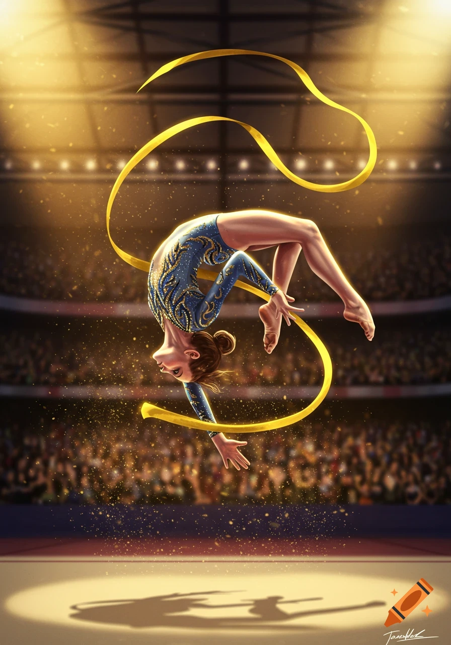 An artistic illustration of a female rhythmic gymnast performing a backbend with a flowing yellow ribbon in a spotlighted stadium.