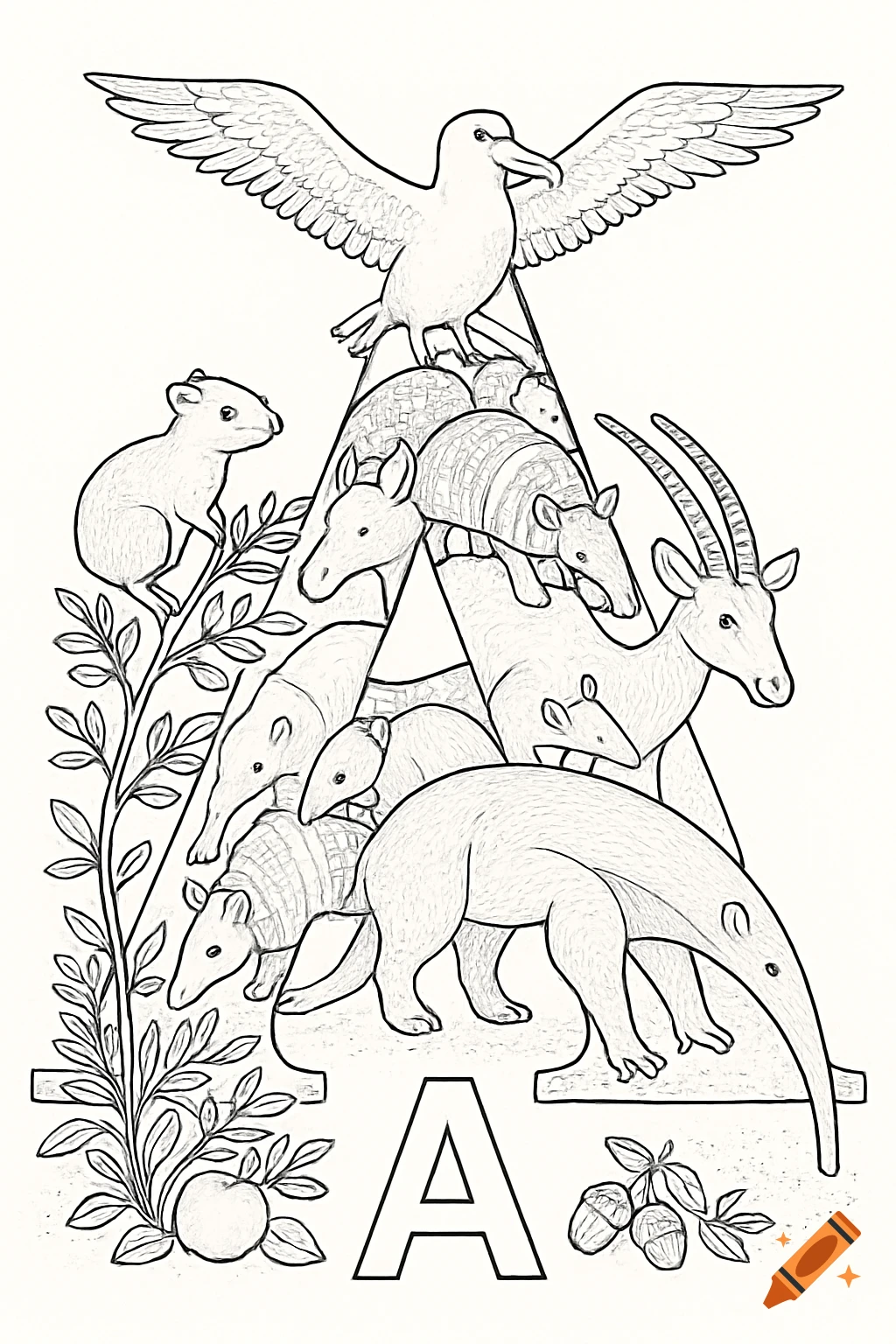 Black and white coloring page for the letter A, featuring various animals like an albatross, armadillos, an anteater, and an antelope.