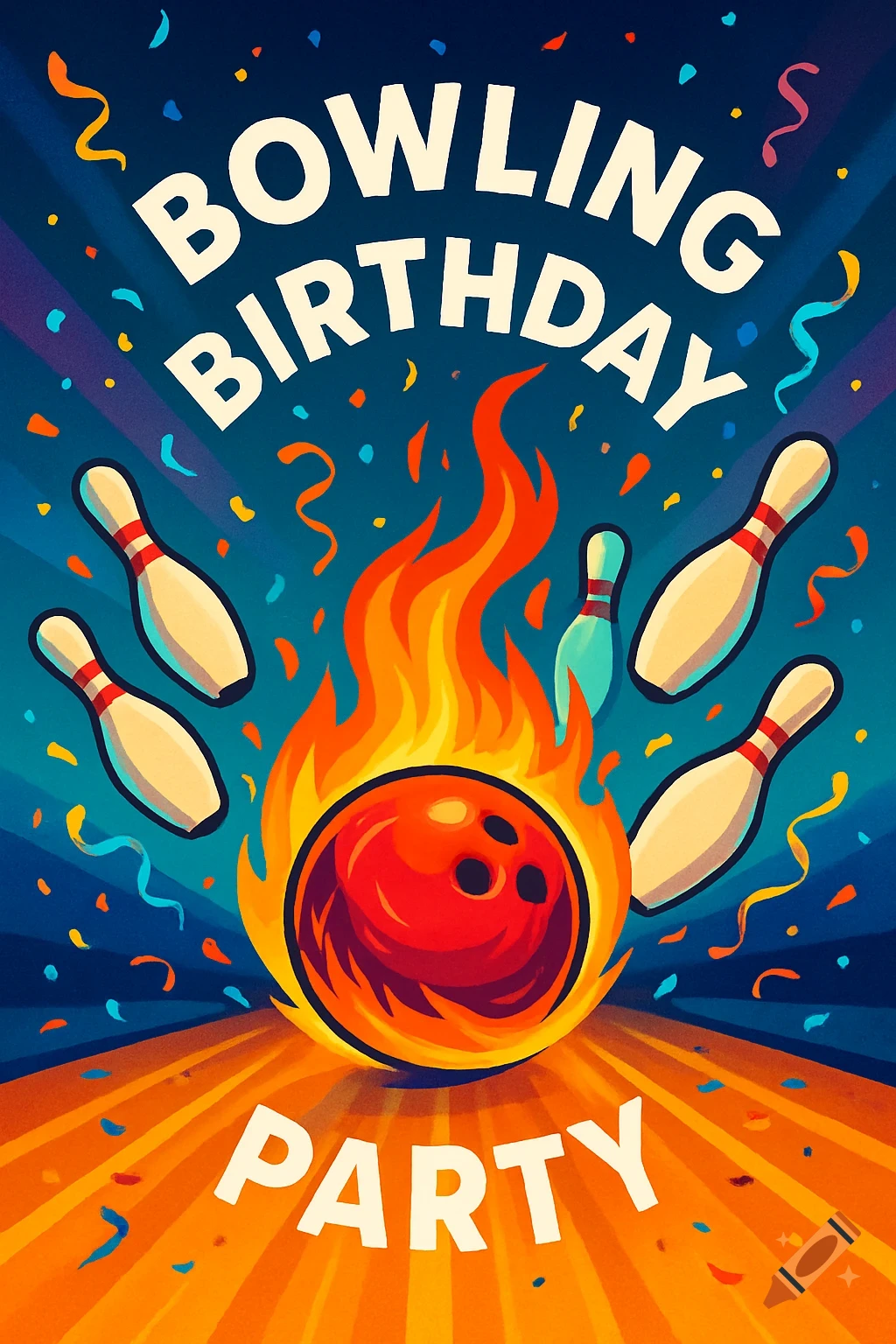 A vibrant graphic bowling birthday party invitation with a flaming bowling ball and pins.