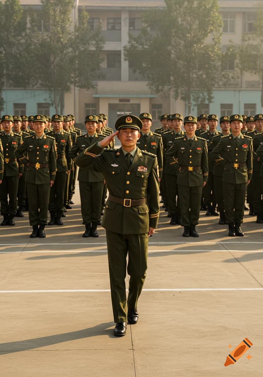 A Chinese drill sergeant salutes while walking in front of a formation of recruits in green uniforms on a sunny drill square.
