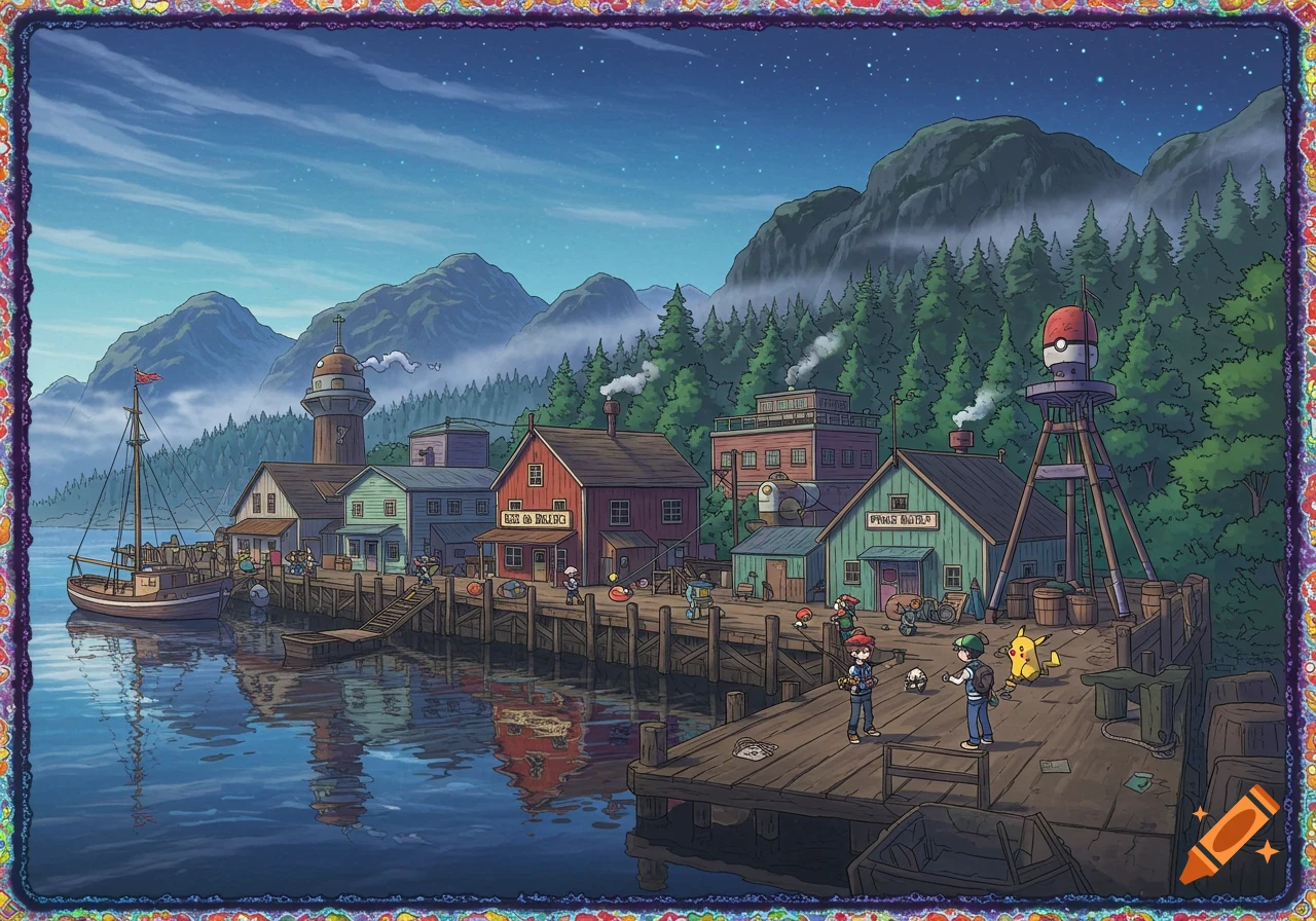 An anime-style port town at dusk with mountains and forests, featuring two Pokemon trainers and Pikachu on a wooden dock.