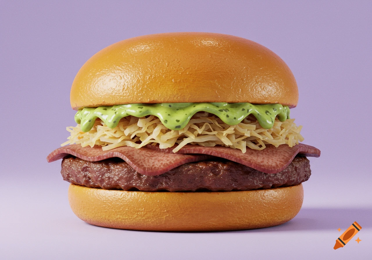 Photorealistic hamburger with a brown patty, pink tongue meat slices, shredded sauerkraut, and green sauce on a bun, against a solid lilac background.