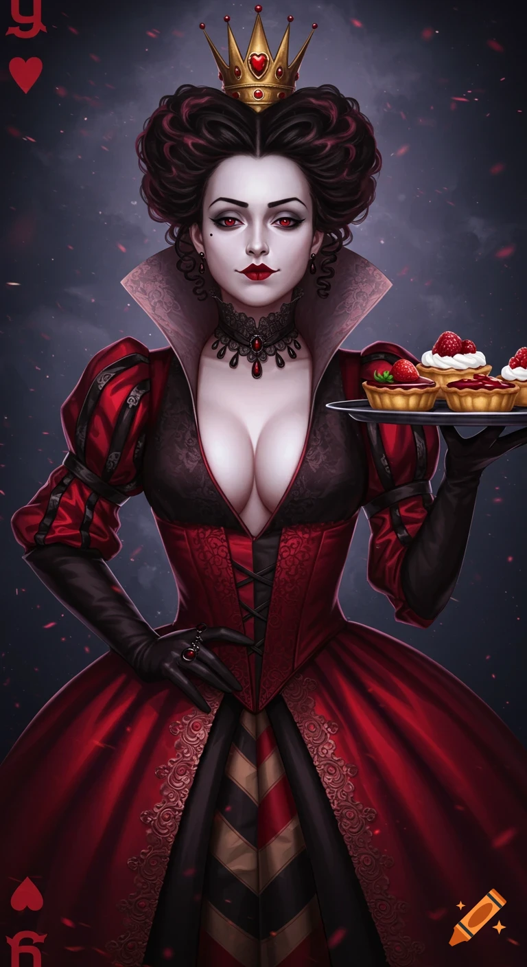 A gothic fantasy illustration of the Queen of Hearts wearing a crown and an elaborate red and black dress, holding a tray of tarts.