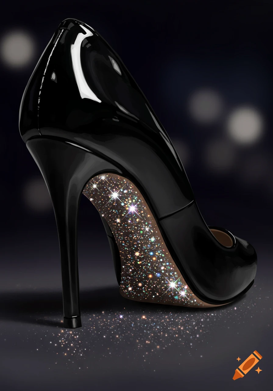 A close-up of a glossy black patent leather high-heeled shoe with its sole covered in shimmering glitter, on a dark background with bokeh.