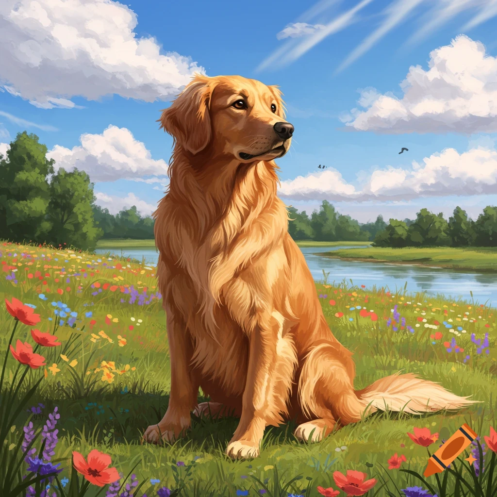 A golden retriever in a painterly style sits in a vibrant field of ...
