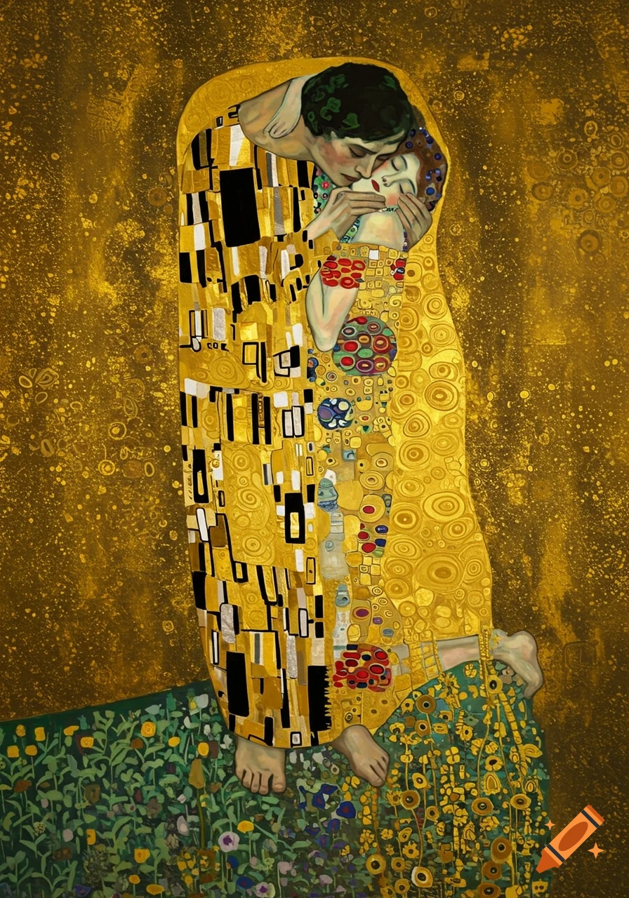 A couple embraces in a golden, Art Nouveau-style painting, reminiscent of Klimt's The Kiss, with intricate patterns.