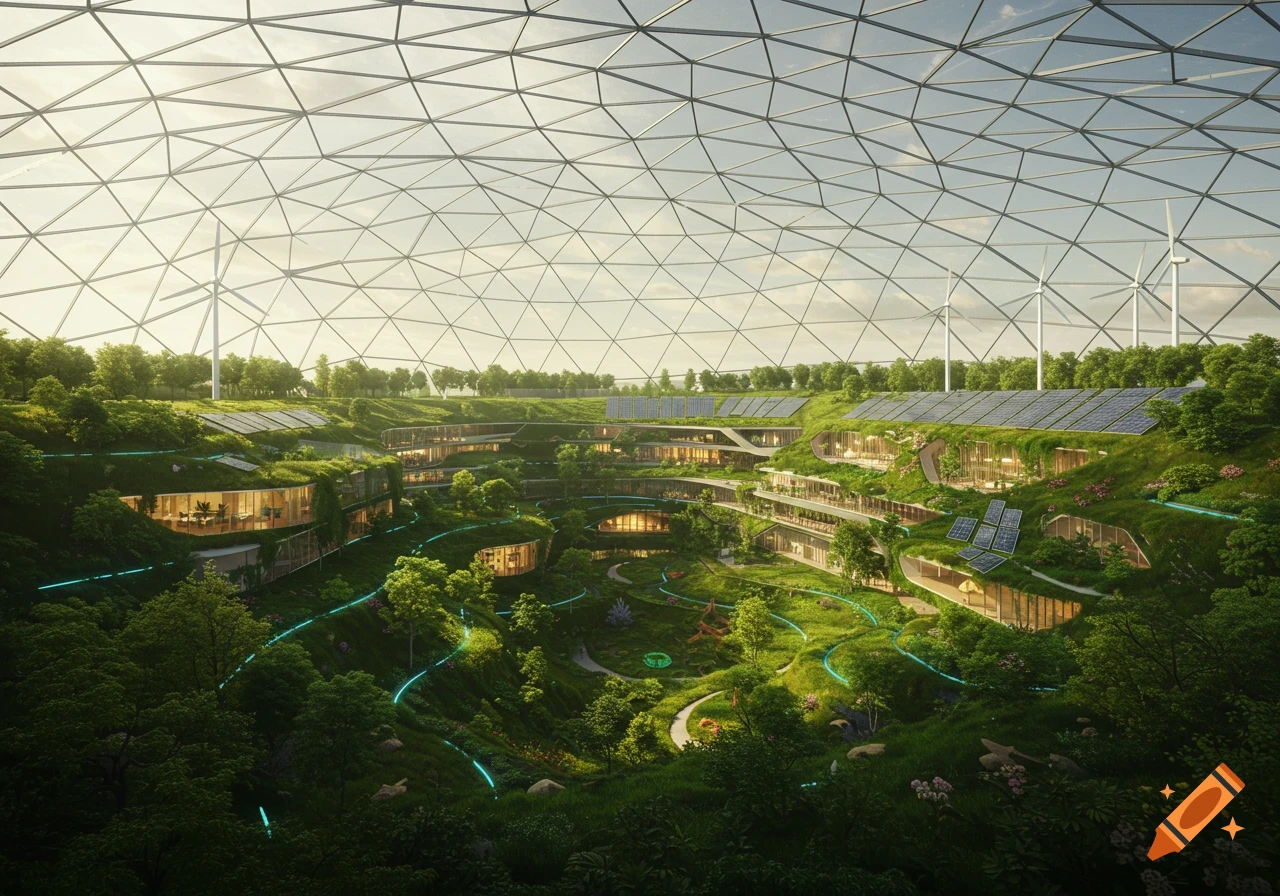 Photorealistic view of an eco-friendly city built into green hills under a geodesic dome, with solar panels and wind turbines.