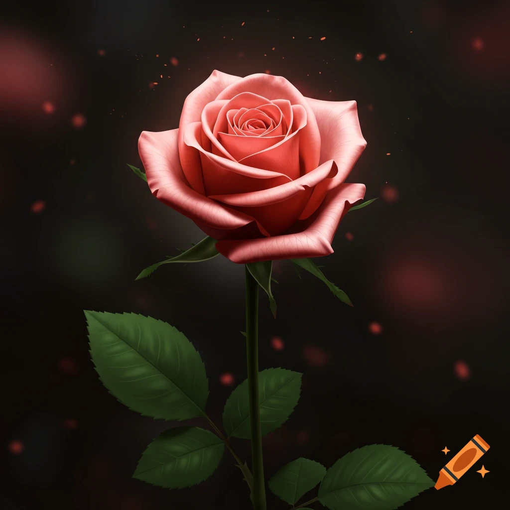 A vibrant, stylized pink rose with green leaves stands against a dark, softly blurred background with subtle red lights. High-definition vector art.
