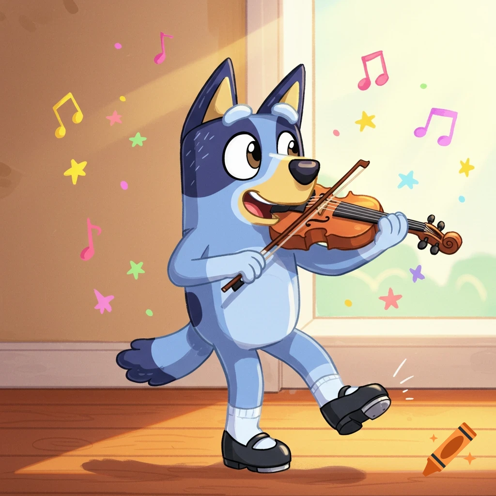 Bluey the cartoon dog plays a violin and tap dances, wearing white socks and black tap shoes, surrounded by musical notes and stars.