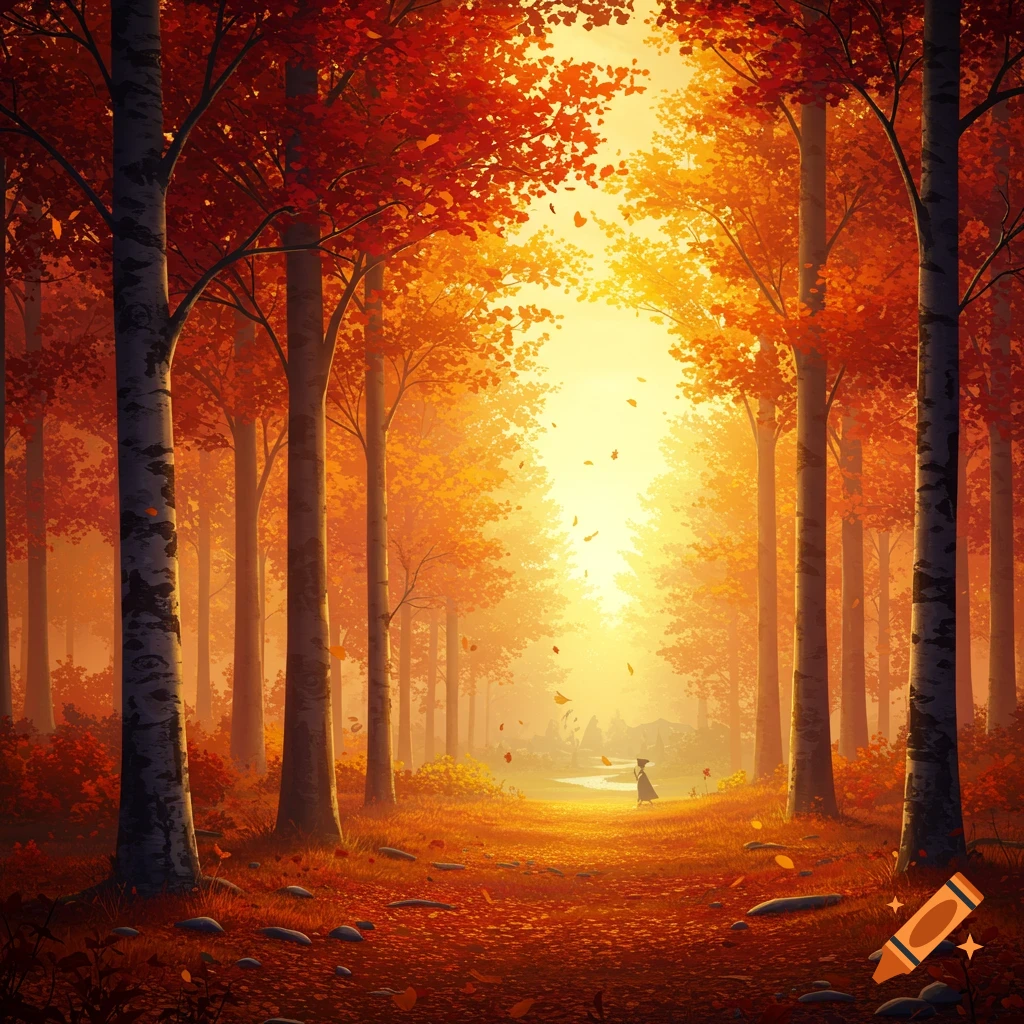 A vibrant autumn forest path with golden and red leaves, illuminated by ...