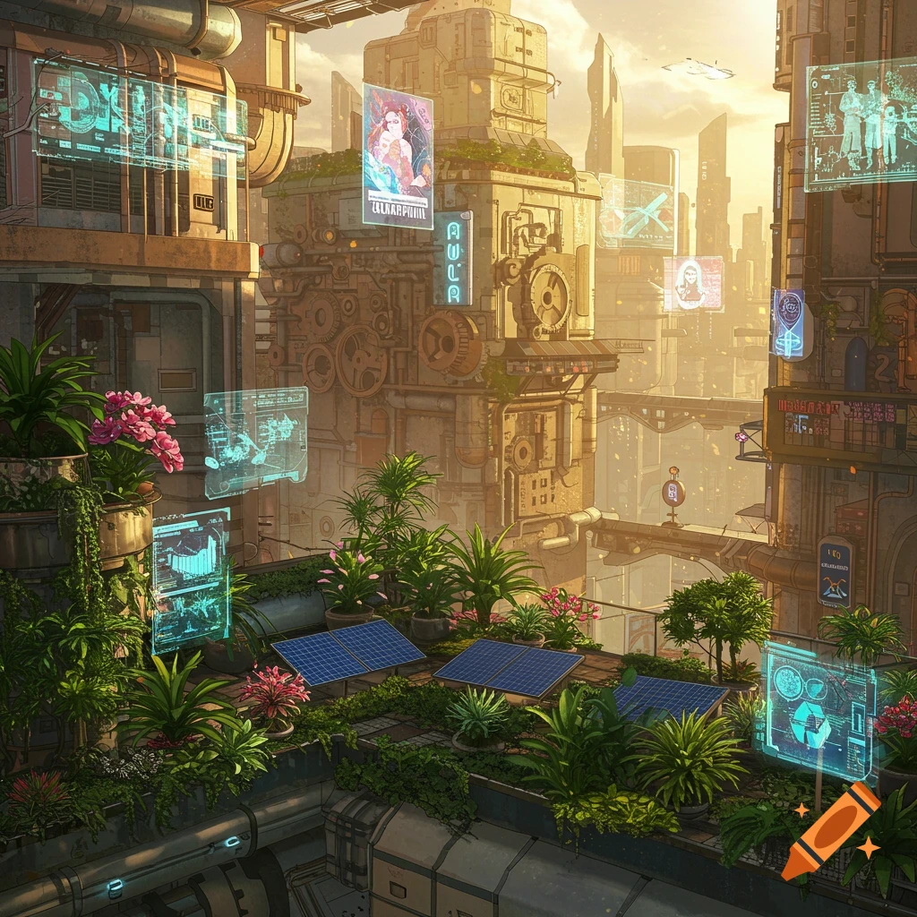 A futuristic cityscape blending solarpunk, steampunk, and cyberpunk elements, featuring lush greenery, solar panels, and glowing holographic screens.