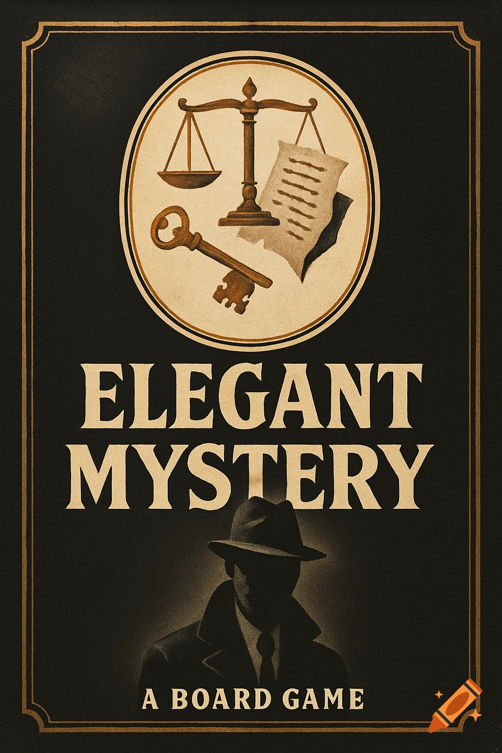 Vintage board game cover for 'Elegant Mystery,' featuring scales of justice, a key, a legal document, and a shadowy detective silhouette.