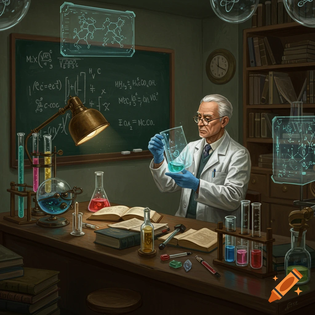 A distinguished scientist in a lab coat and gloves examines a beaker of blue liquid in a detailed, illustrative laboratory setting.