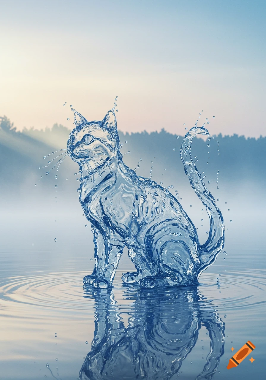 A shimmering cat figure made of water sits on a reflective water surface with ripples, against a misty forest and soft sky.