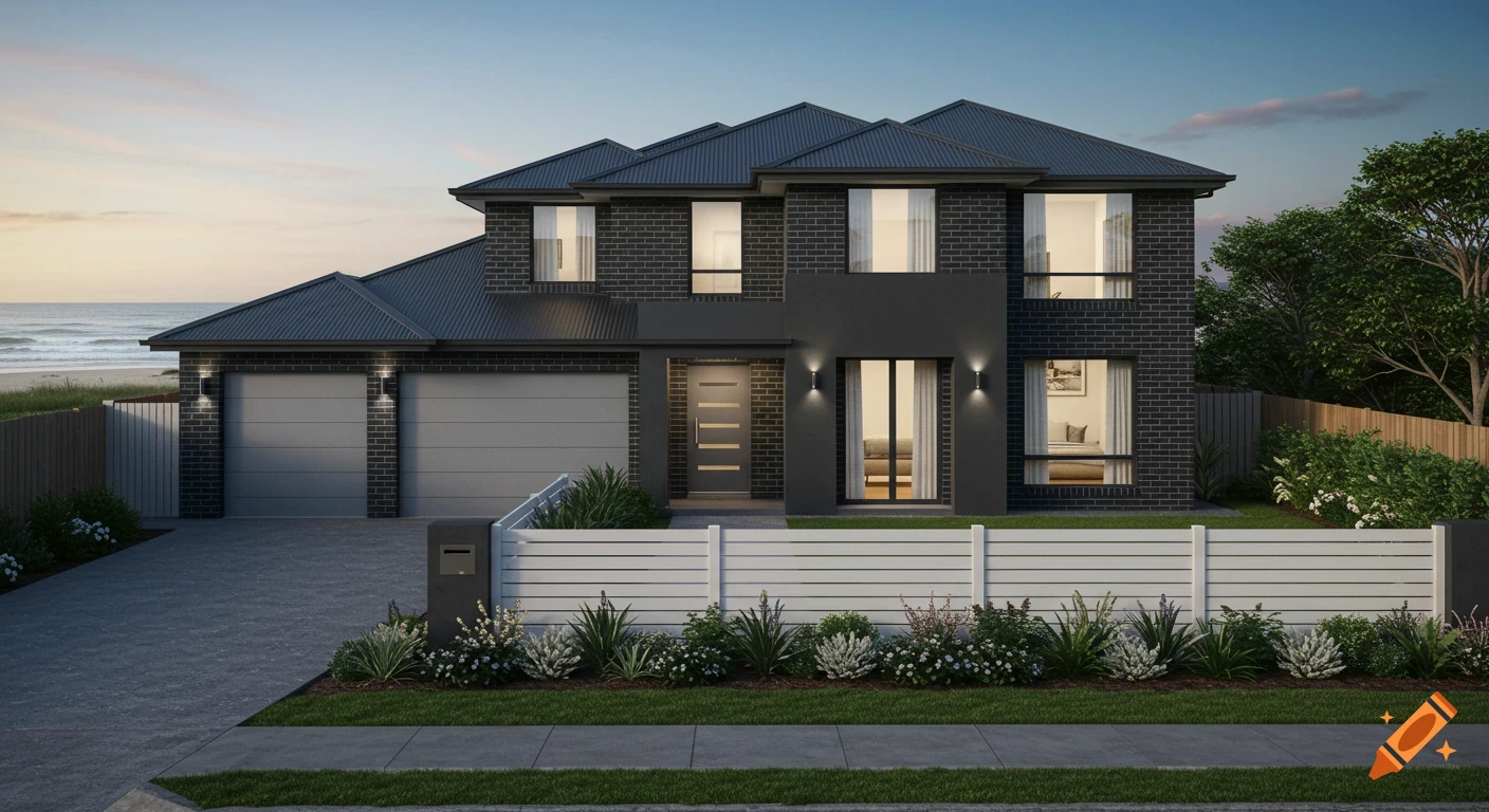 A two-story modern house with a black brick exterior and a white fence, overlooking a sandy beach and ocean at sunset.