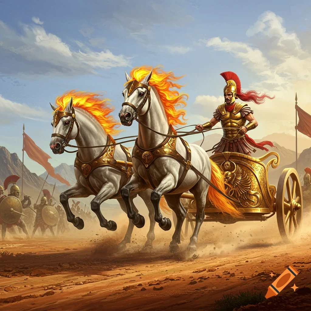 Two white horses with fiery orange manes pull a golden chariot driven by an armored soldier, with an army in the background under a blue sky.