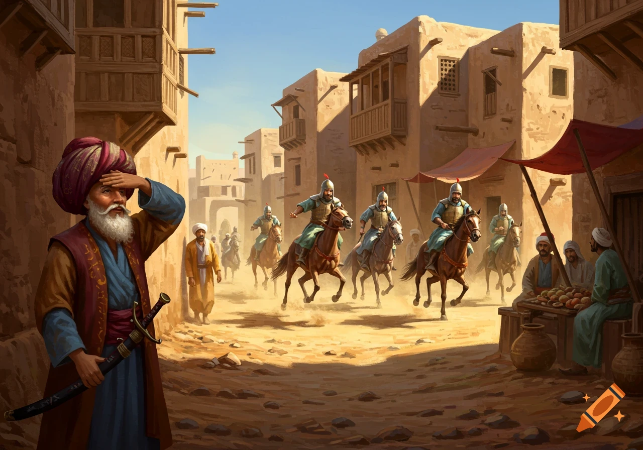 A bearded man in a turban watches a troop of armored horsemen approach through a dusty ancient village street with mud-brick buildings and a market stall.