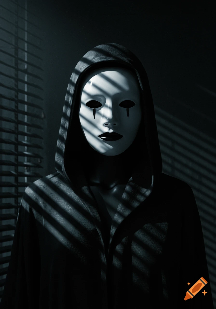 A figure in a dark hooded robe and a white, expressionless mask with black tear-like markings, illuminated by Venetian blind shadows.