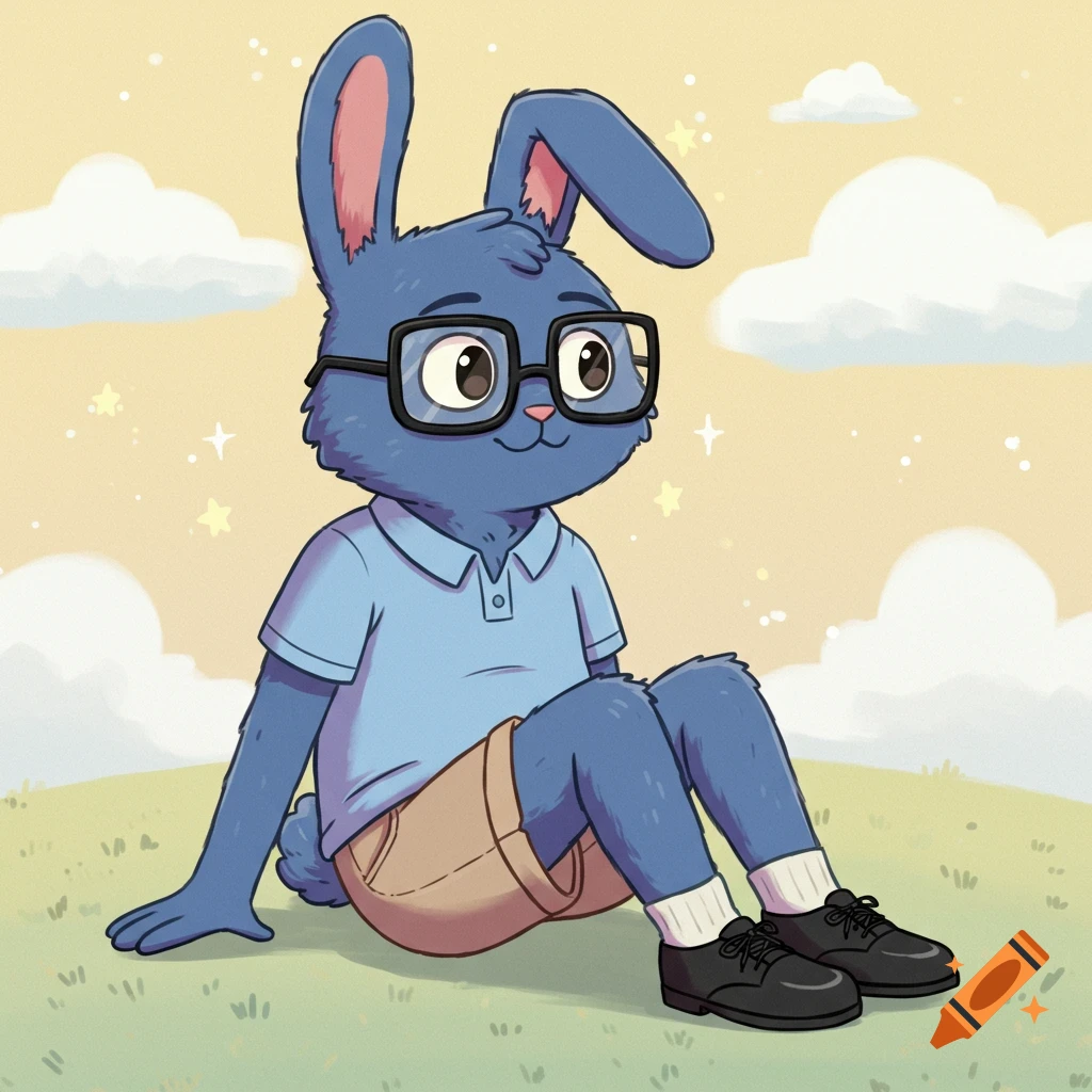 A friendly blue cartoon rabbit with eyeglasses, polo shirt, shorts, and shoes sits on green grass under a pale yellow sky.