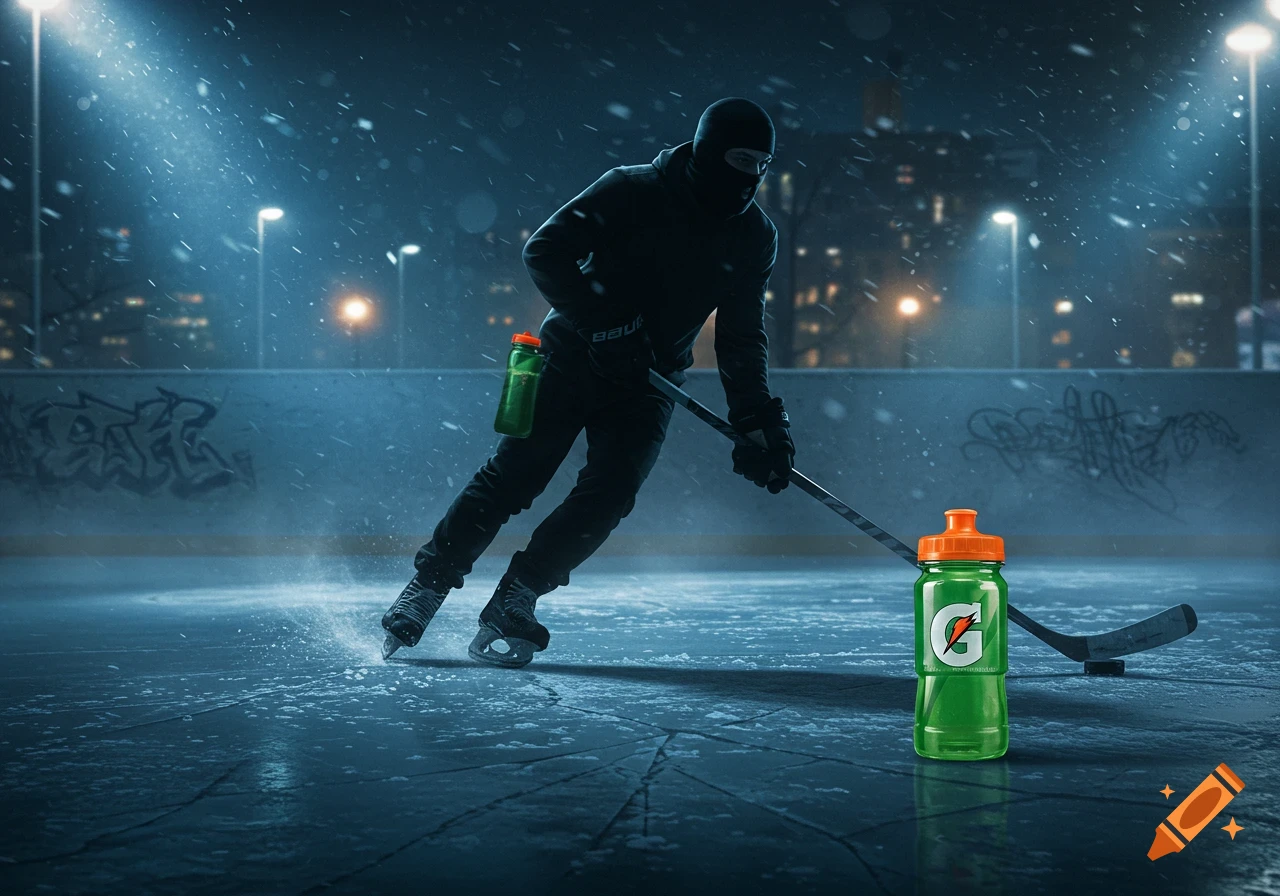 A hockey player in a black ski mask and clothing skates on an outdoor ...