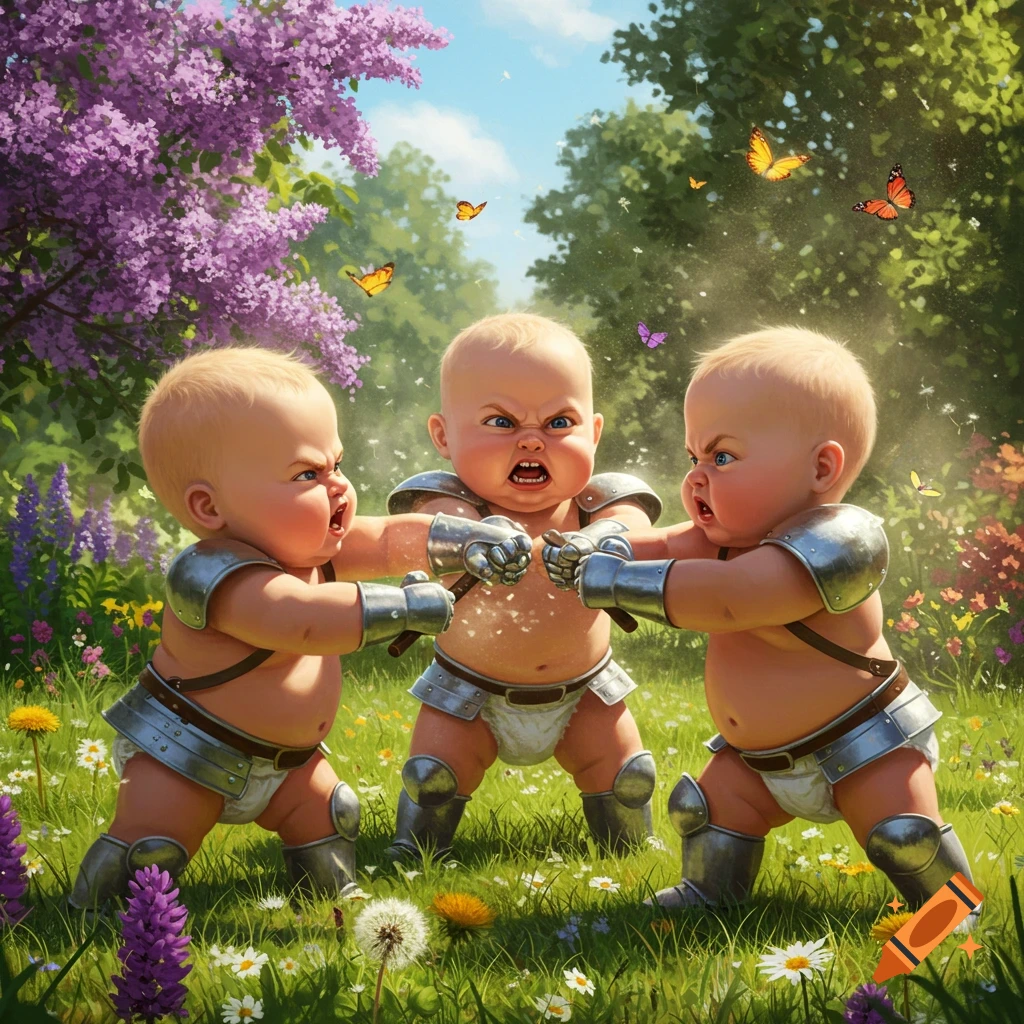 Three furious, armored babies push each other in a vibrant, sunny field filled with flowers and butterflies, photorealistic style.