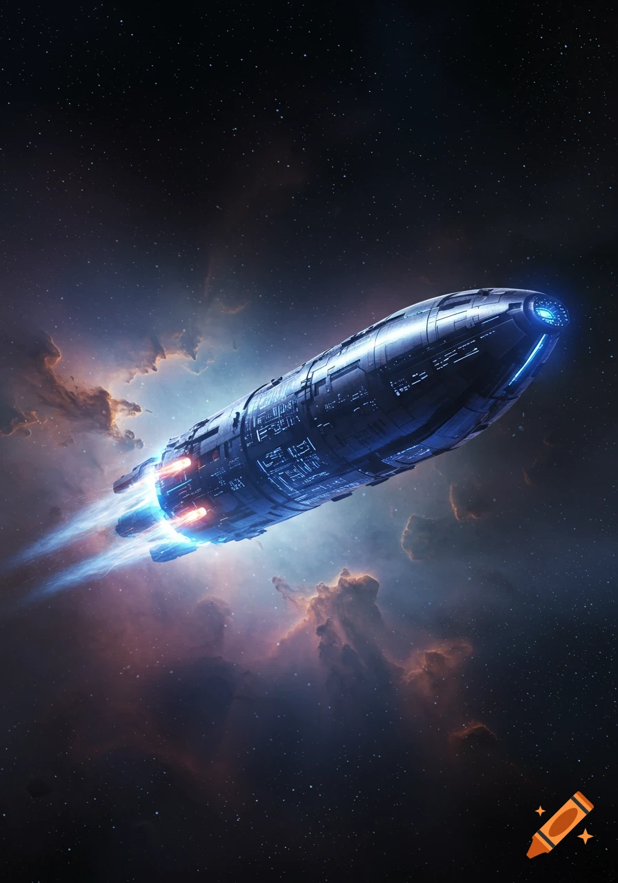 A sleek, cigar-shaped spaceship with blue and orange engine glows flies through a vibrant cosmic nebula and stars.