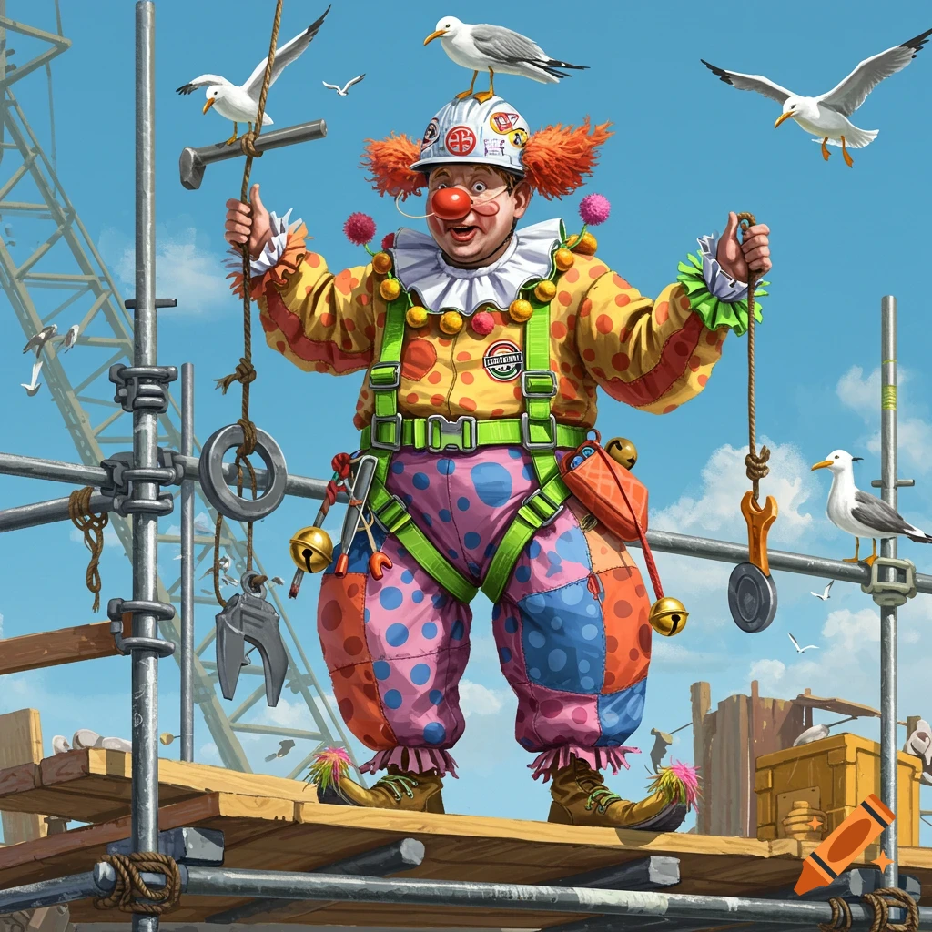 A detailed illustration of a clown in a colorful polka-dotted costume and a construction hard hat, standing on scaffolding with seagulls.