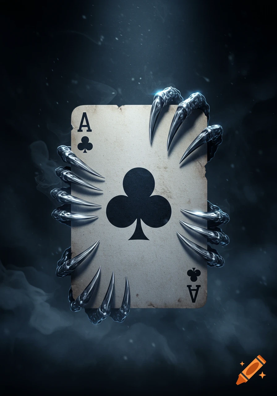 A dark, moody image of an ace of clubs playing card grasped by metallic, sharp claws with a smoky background.