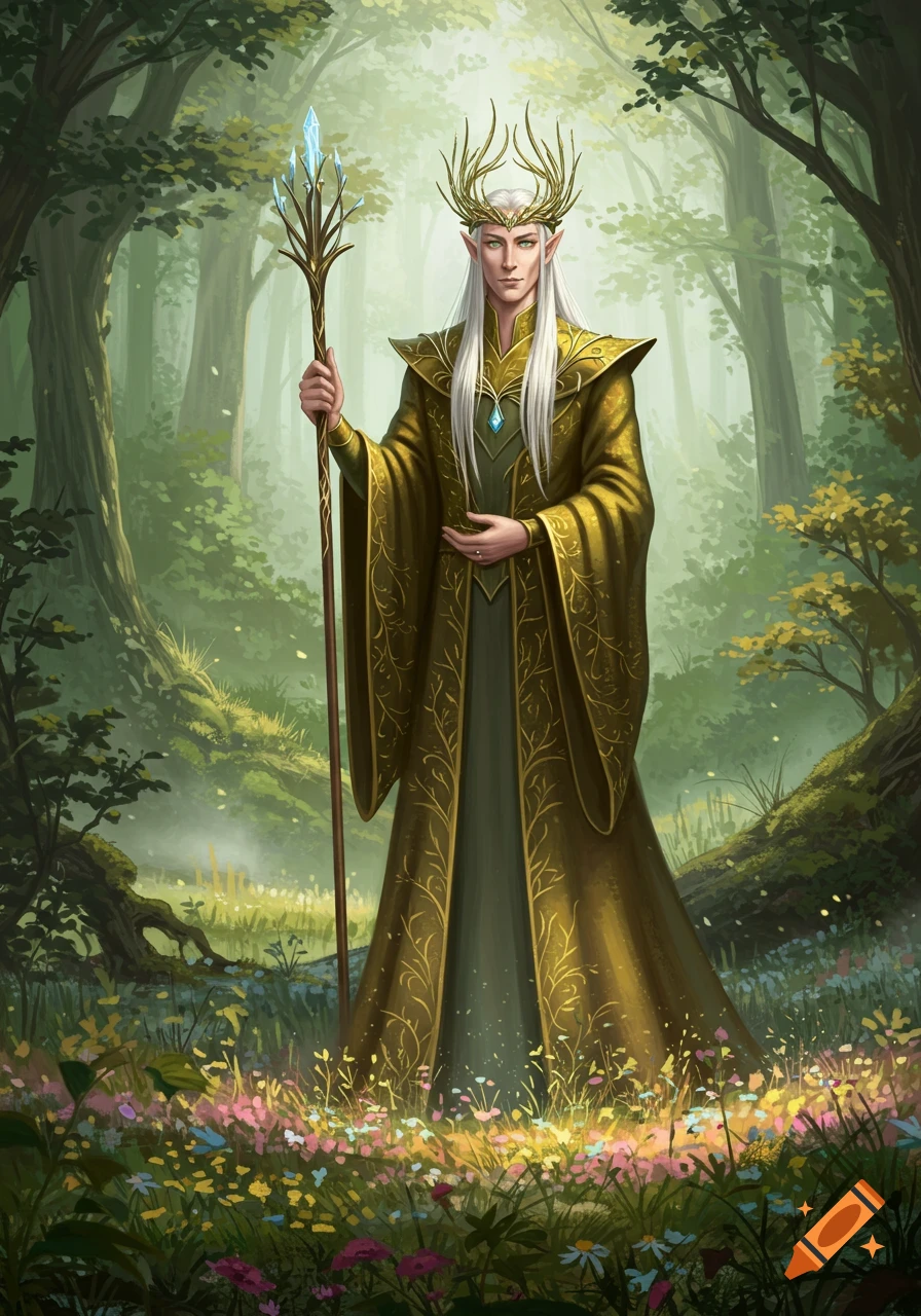 A proud elven king with long white hair and a golden crown holding a staff, standing in a vibrant, sunlit fantasy forest.