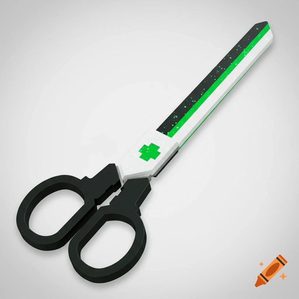 A stylized scissor blade with a white, black, and green color palette, featuring a pixelated texture and a green cross symbol.
