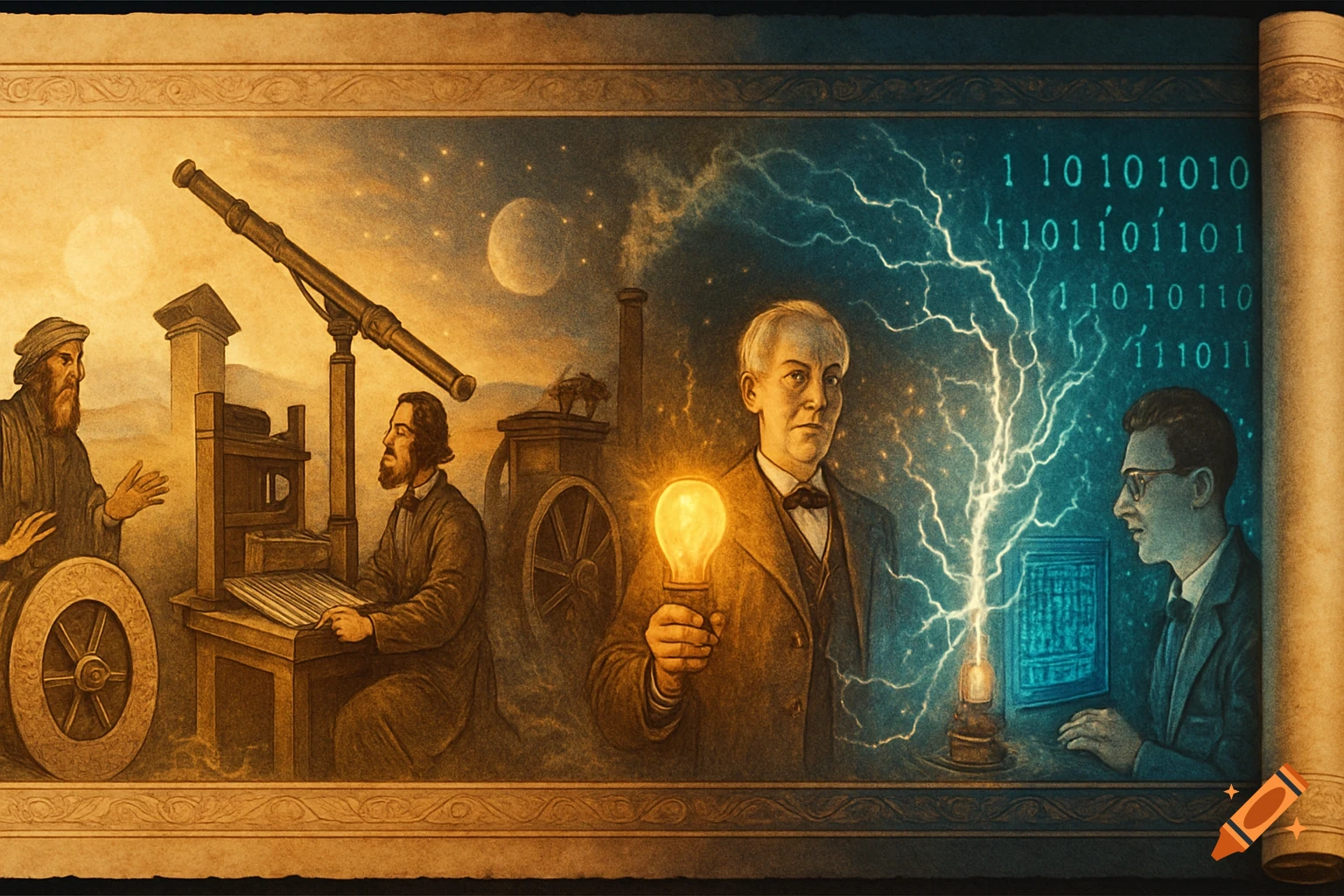 A chronological illustration of technological discoveries, showing ...