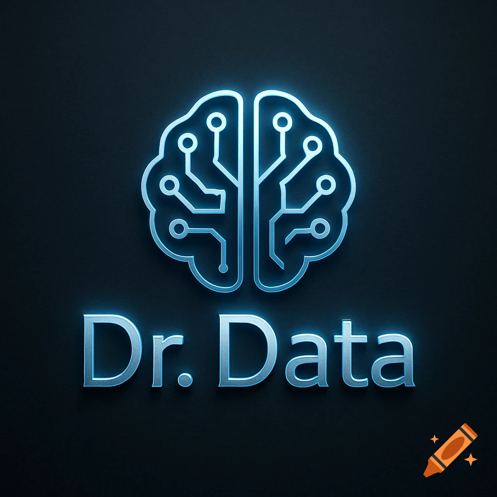 Blue neon-like brain with circuitry above metallic text 'Dr. Data' on a dark background.