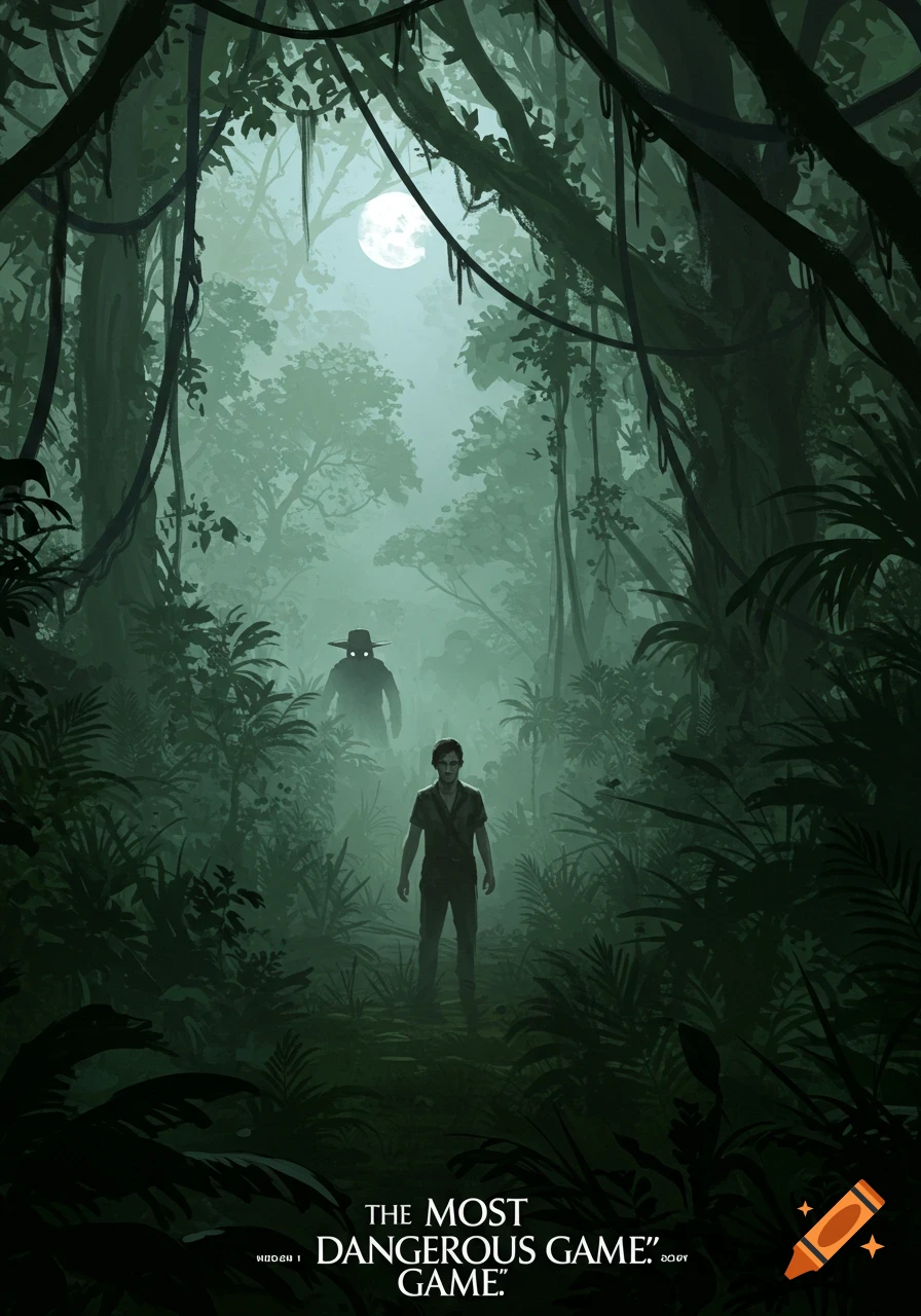 Stylized poster: A man in a misty, moonlit jungle is stalked by a shadowy figure with glowing eyes. Text reads 'The Most Dangerous Game'.