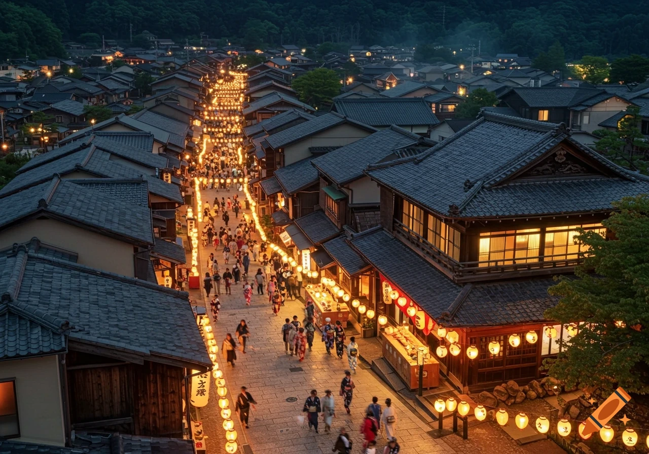 Bird's-eye view of a Japanese village street at night, bustling with people and lit by numerous glowing lanterns during a festival.