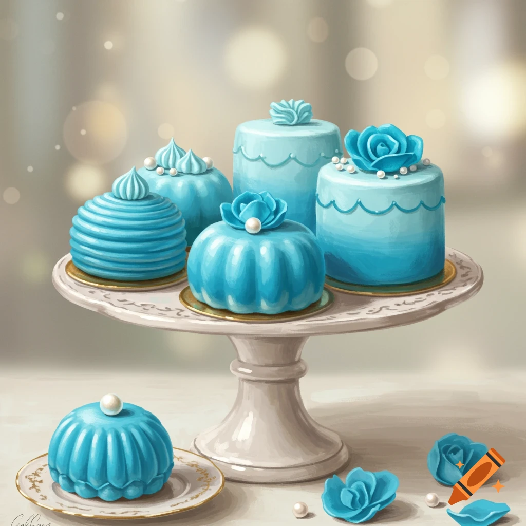 An illustration of several ornate blue cakes and pastries on a white tiered cake stand and on a table, decorated with pearls and floral icing.