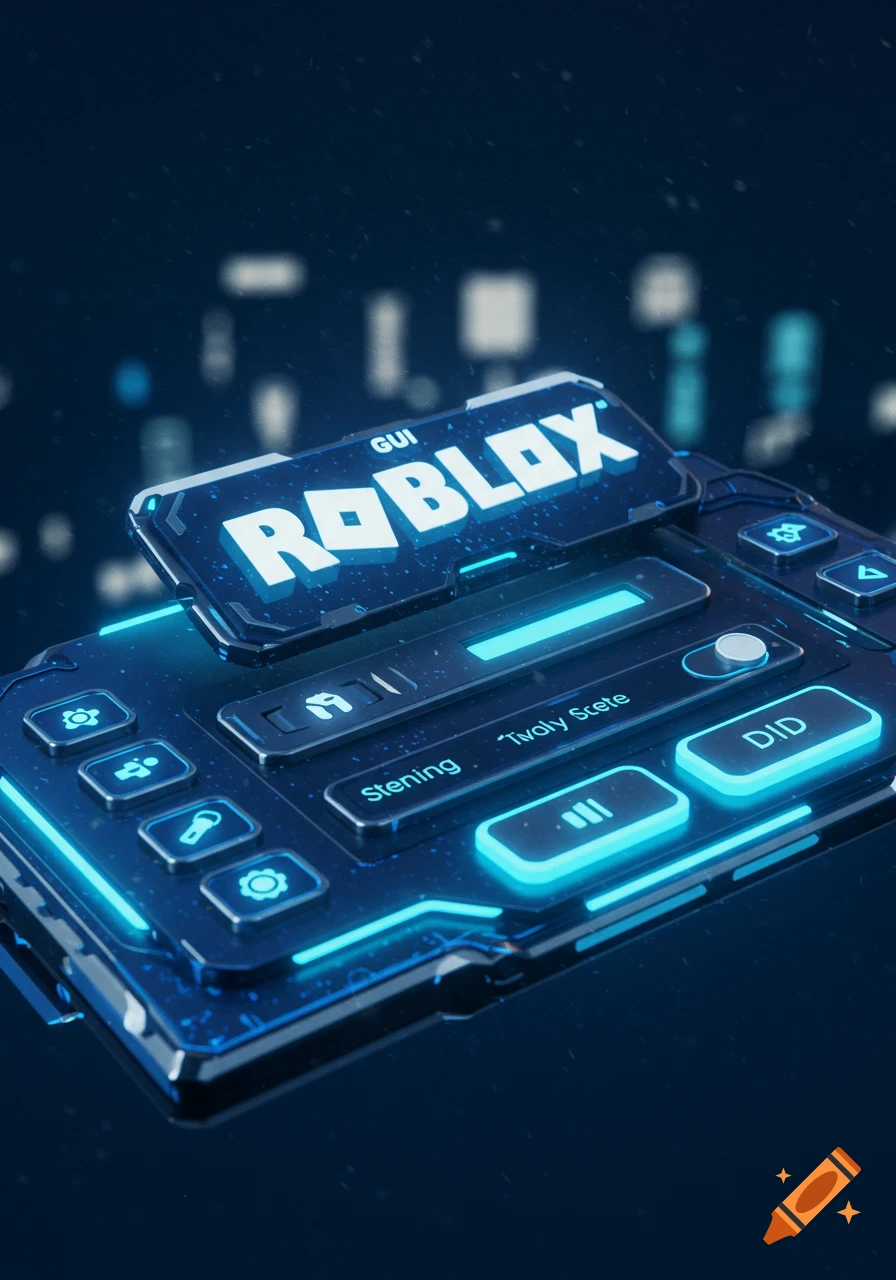 A futuristic blue glowing user interface device with 'GUI ROBLOX' displayed prominently, set against a dark, blurry background with subtle lights.