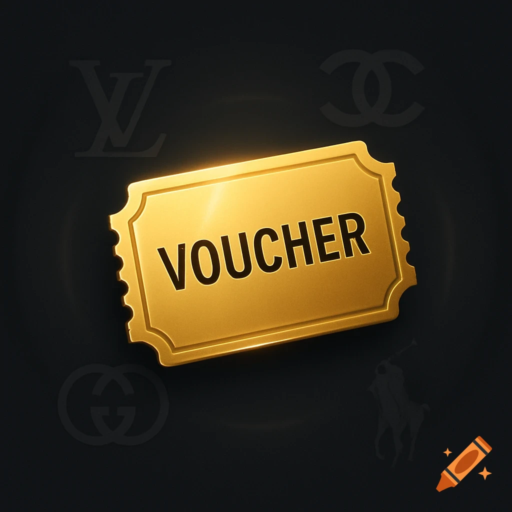 A golden voucher with the word VOUCHER, on a dark background with faded luxury brand logos.