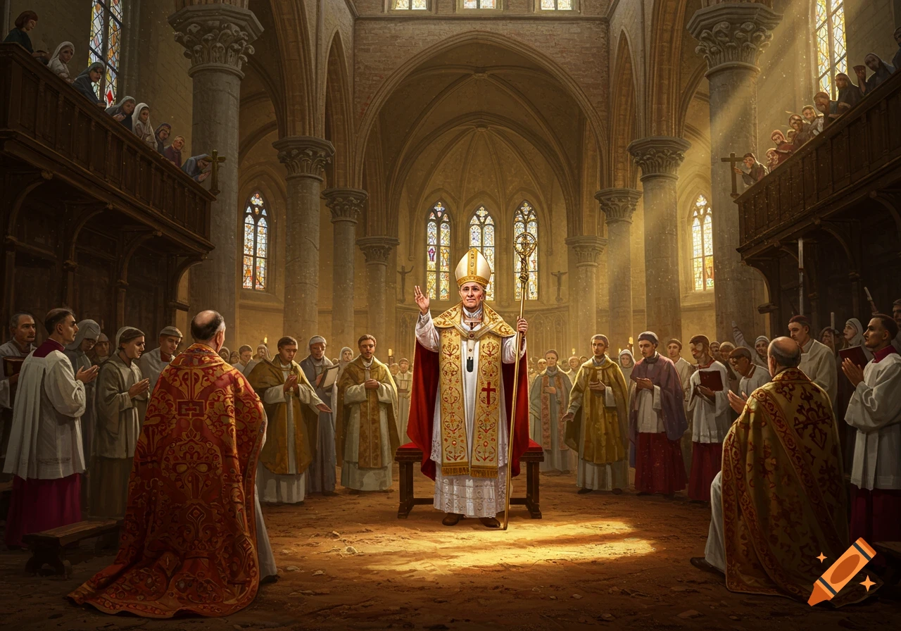 A pope in elaborate golden vestments stands in a grand, sunlit cathedral, celebrating among clergy and onlookers.